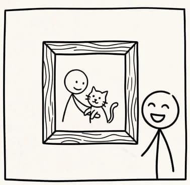 あなたと猫の額装ポートレートが壁に飾られている様子を描いた手描きイラスト