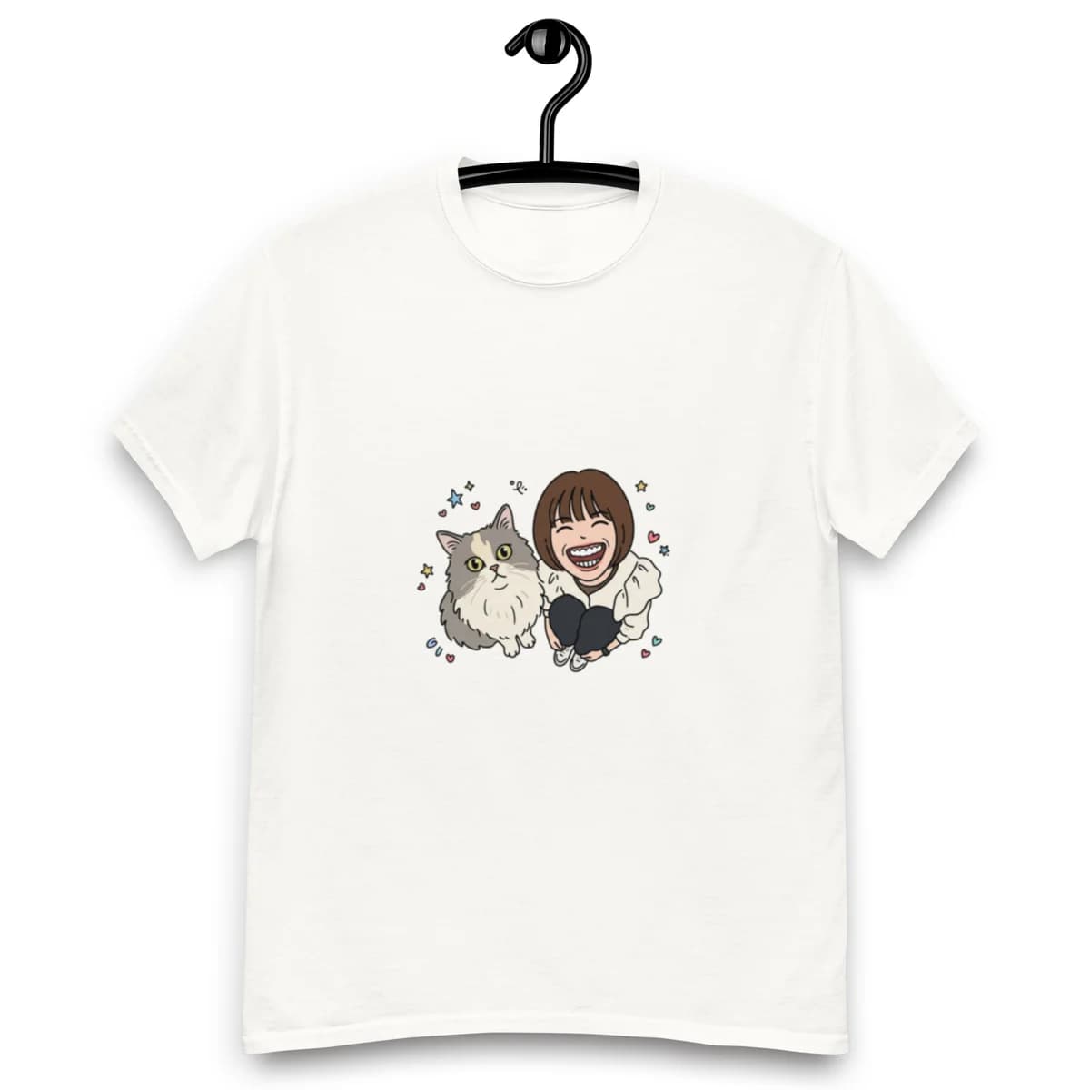 The white tee on a hanger, chest print and cotton weave clearly visible