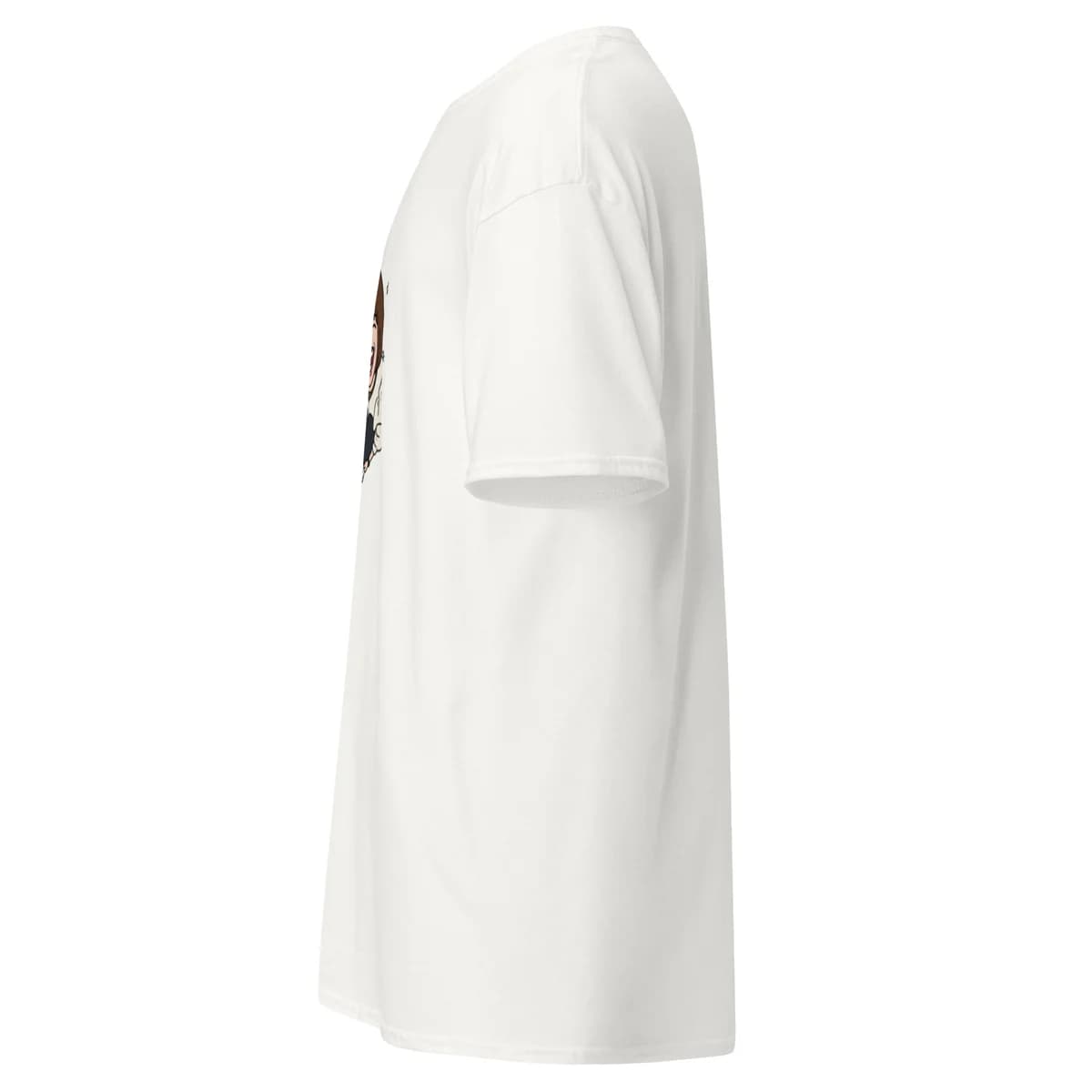 Left side view of the white tee showing shoulder seam and sleeve hem