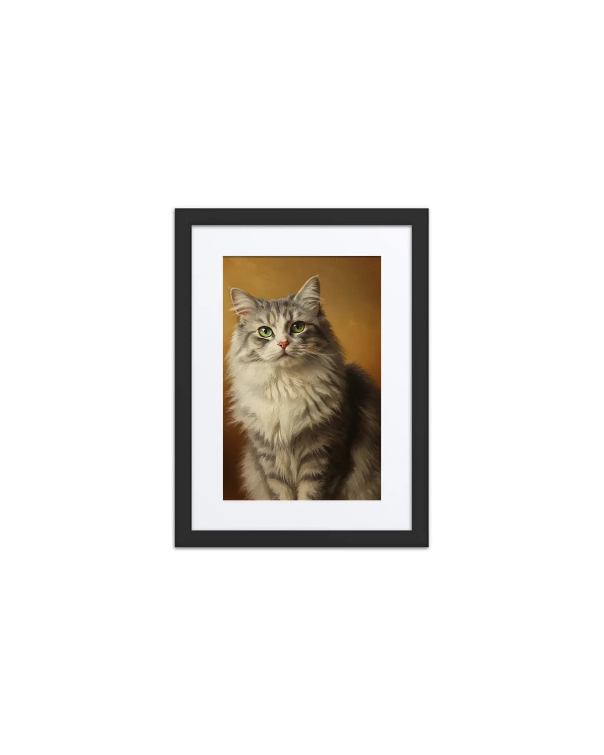 Front view of the matte paper framed poster: a thin black wooden frame with a wide white mat, holding a warm oil painting portrait of a long-haired gray cat