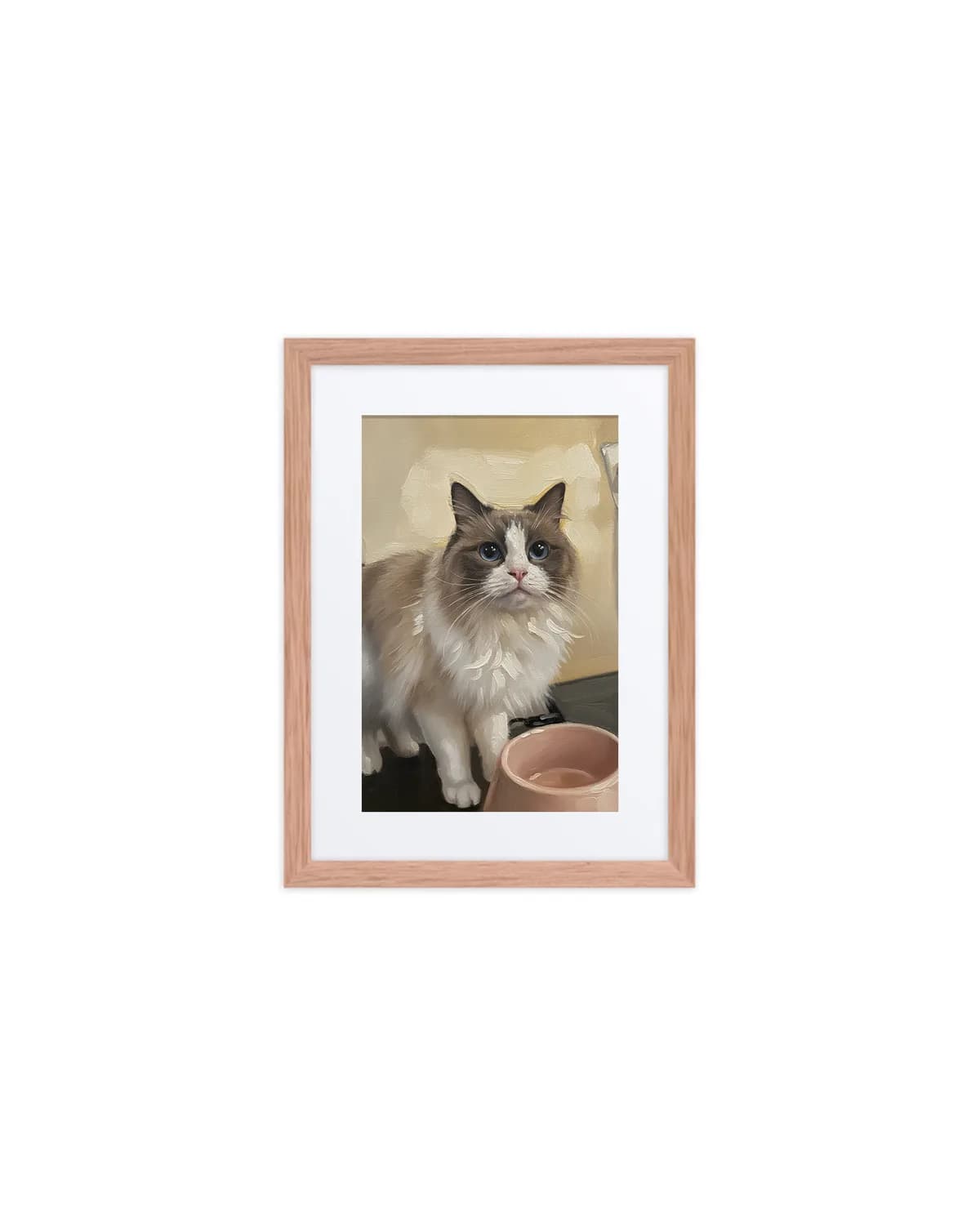 The framed poster in a red oak wood frame, holding an oil painting portrait of a ragdoll cat