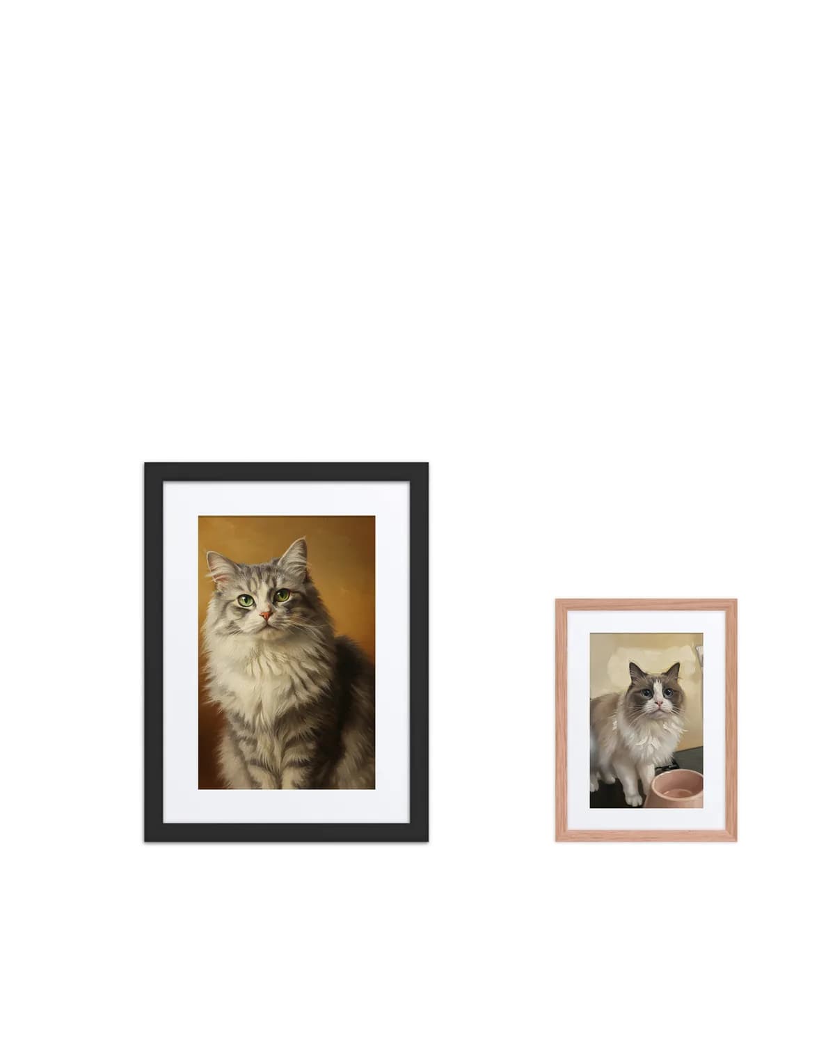 A larger black framed poster and a smaller oak framed poster displayed side by side for size comparison