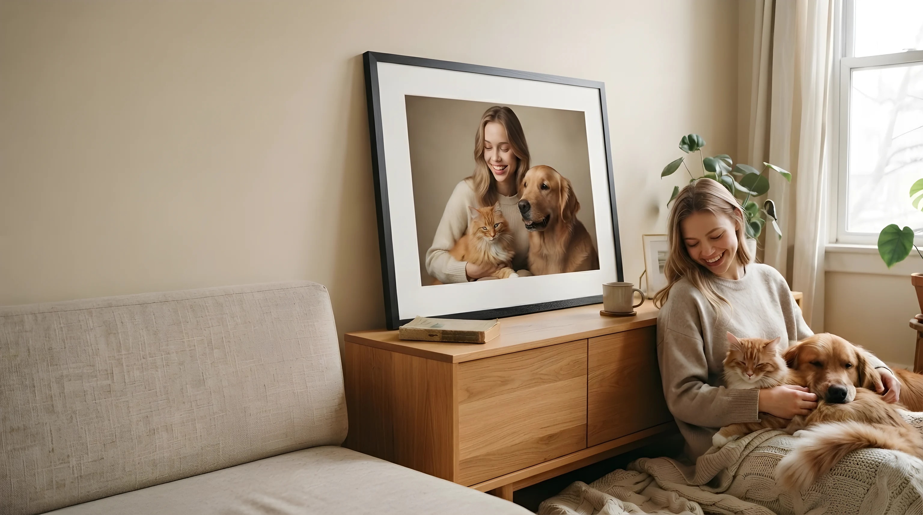 A woman relaxing on the living-room floor with her ginger cat and golden retriever, beside a framed formal portrait of the three of them