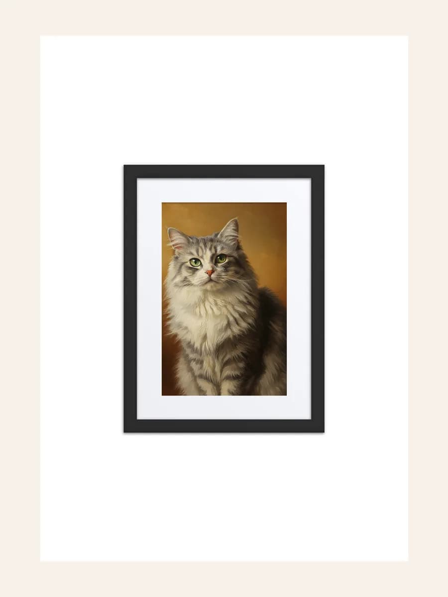 Black framed poster with a warm oil painting portrait of a long-haired gray cat