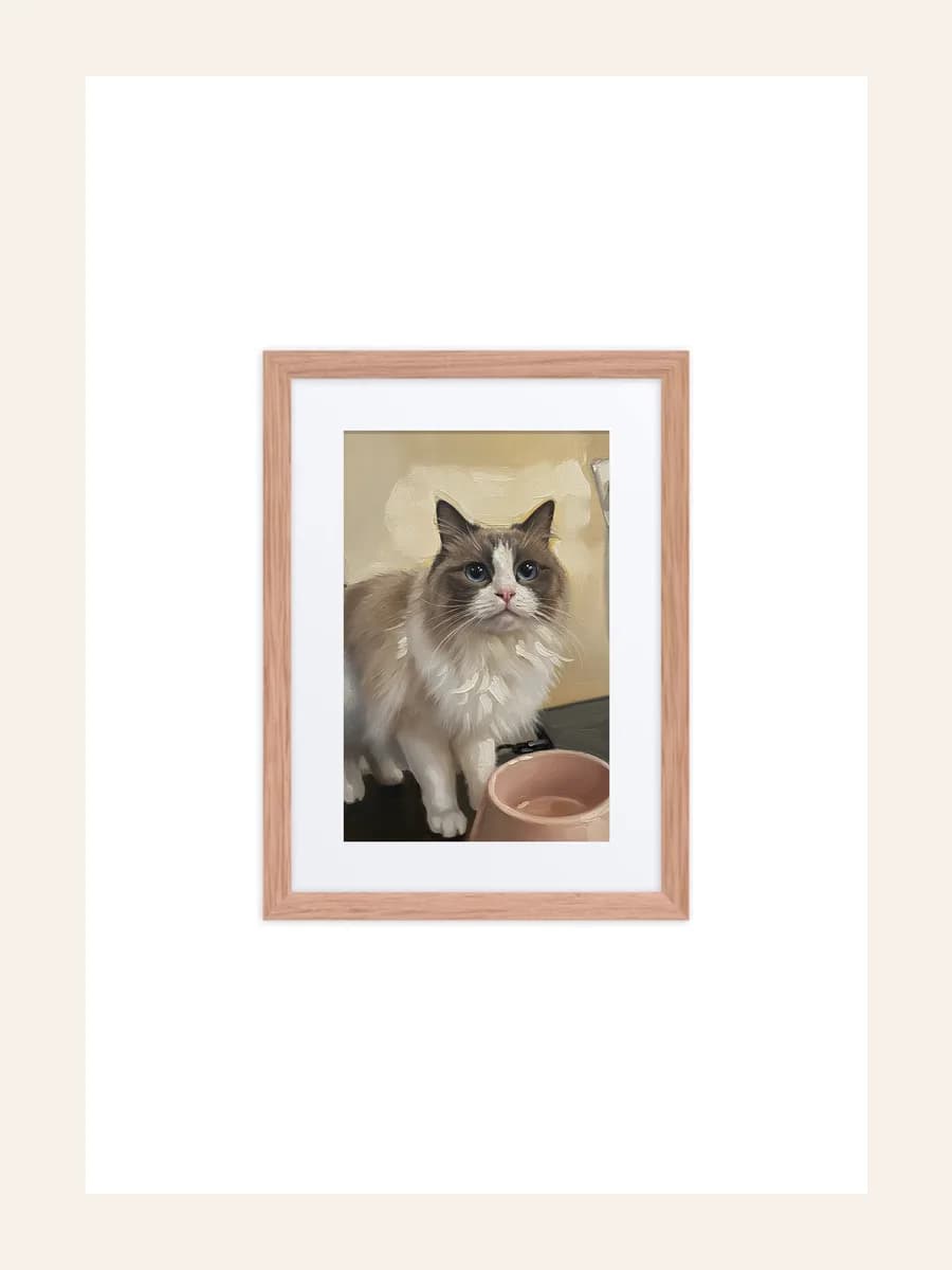 Red oak framed poster with an oil painting portrait of a ragdoll cat